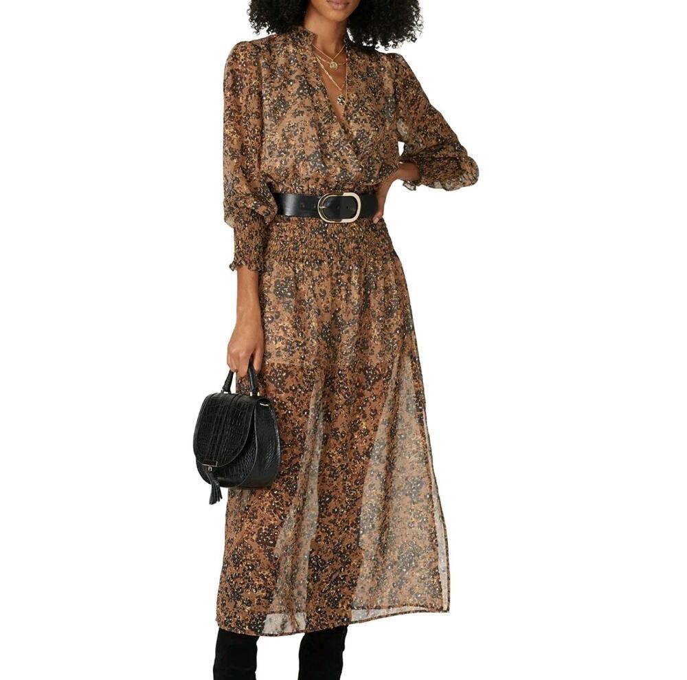 Anthropologie Waverly Grey Brynlee Brown Gold Ditzy Romantic Maxi Dress M Boho
